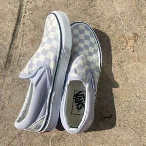 Purple and white checkered slip on vans